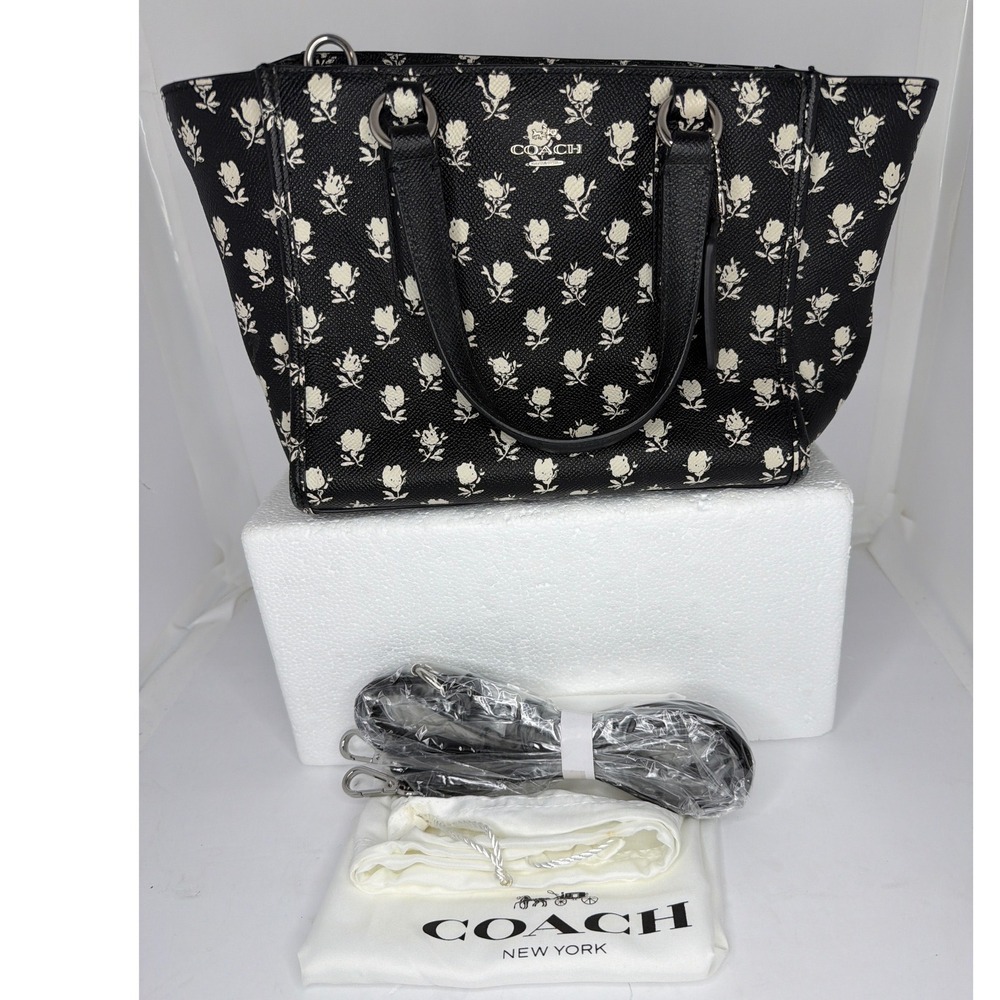 Coach Black White Floral Rose Print Crossgrain Leather Satchel Crossbody Bag